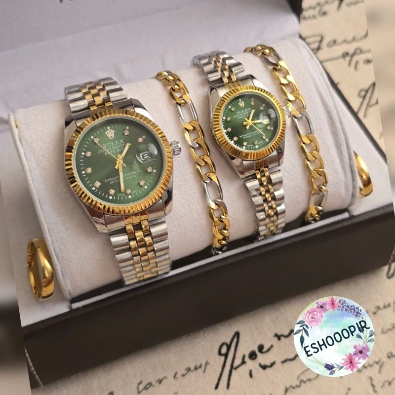ساعت رولکس زنانه و مردانه Rolex ست با دستبند و انگشتر صفحه سبز با