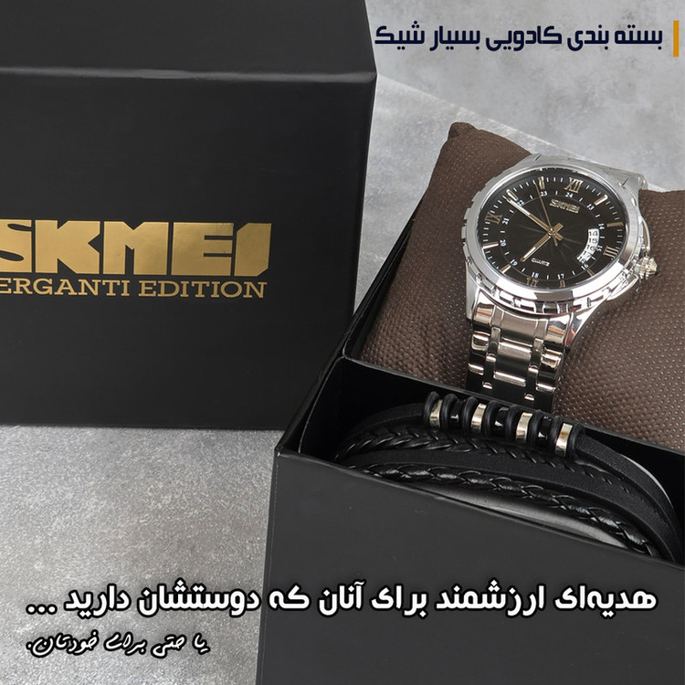 ساعت مچی عقربهای کوارتز مردانه اسکمی مدل 9069SIBBK به همراه دستبند