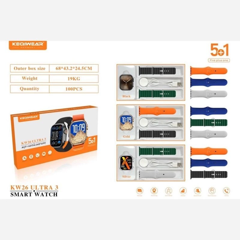 ساعت هوشمند KW26 Ultra 3 طراحی اولترا + 5 بند خاص (فروش تک به عمده)