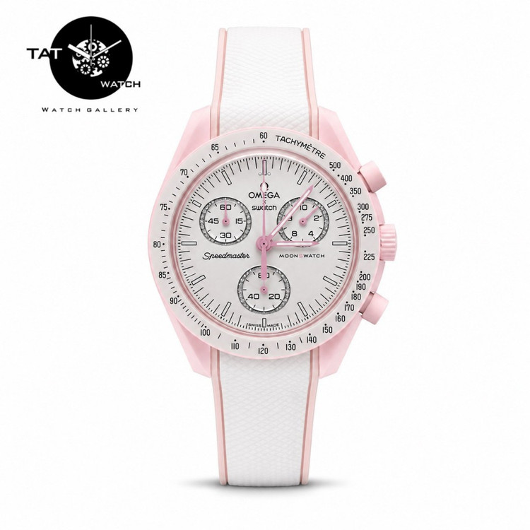 ساعت زنانه امگا سواچ ونوس venus صورتی بند رابر قفل امگایی سه موتوره کرنو با omega swatch ساعت مچی