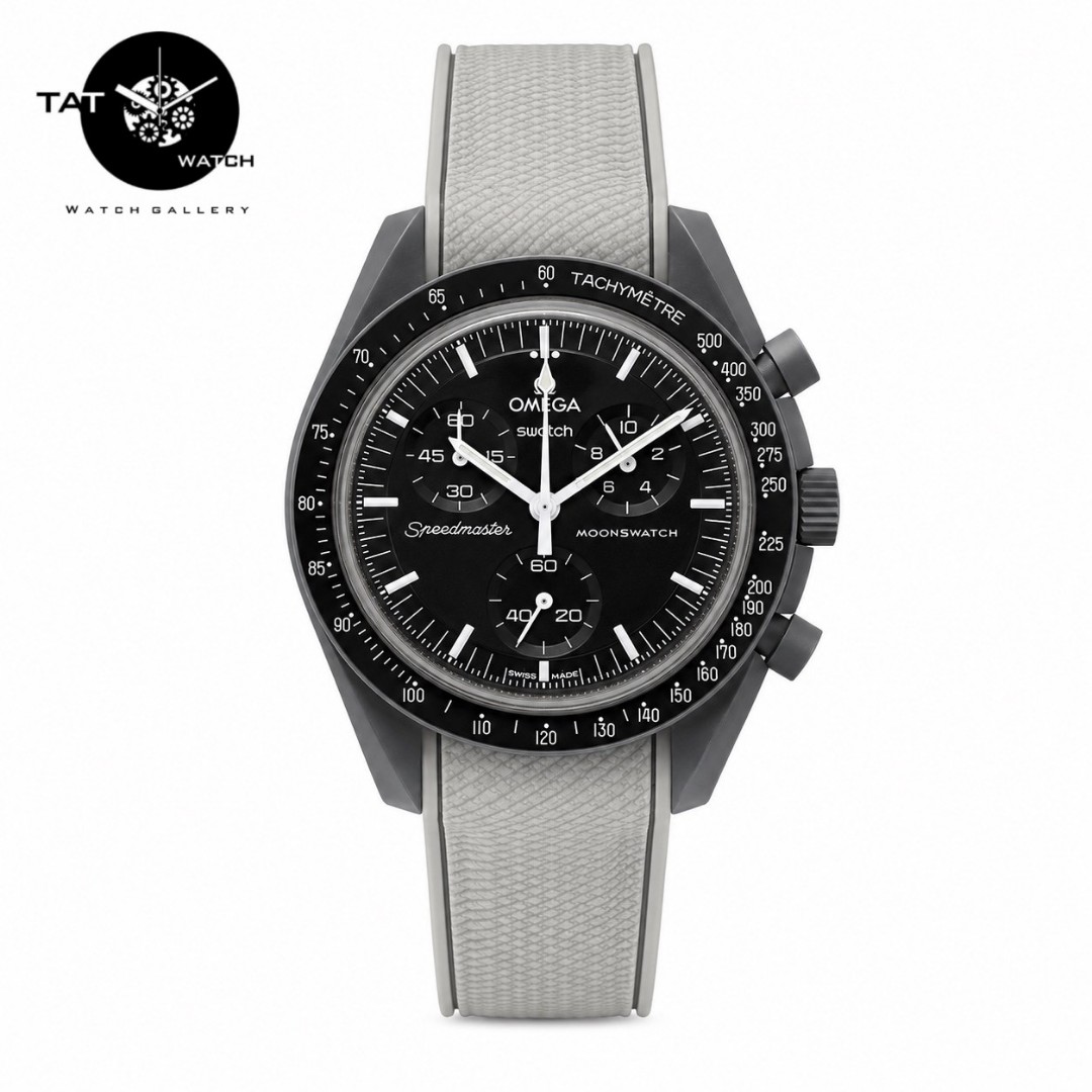 ساعت مردانه زنانه امگا سواچ عطارد Mercury طوسی بند رابر قفل امگایی سه موتوره کرنو با omega swatch ساعت مچی