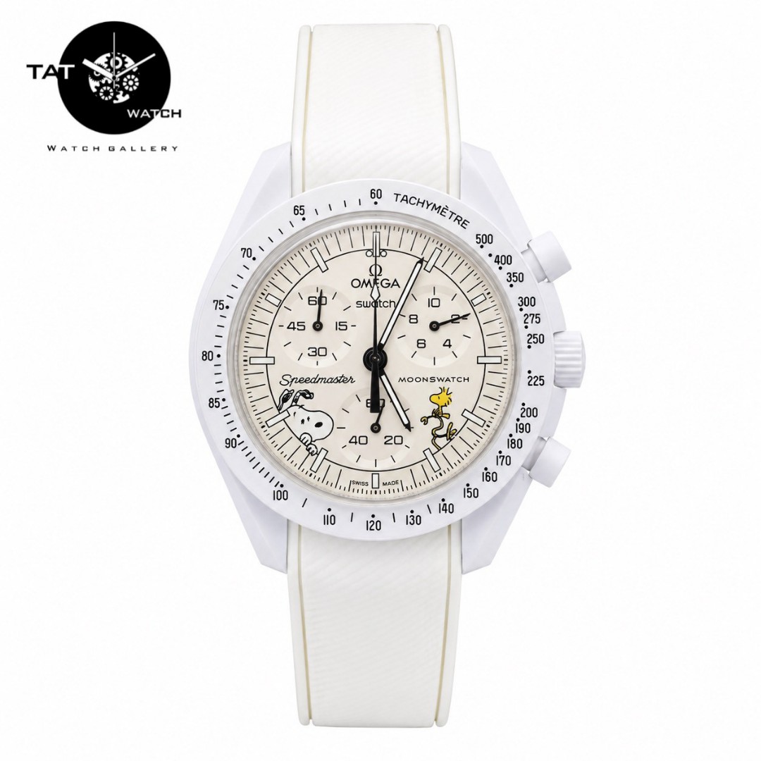 ساعت مردانه زنانه امگا سواچ ماه اسنوپی سفید Moon بند رابر قفل امگایی سه موتوره کرنو با omega swatch ساعت مچی