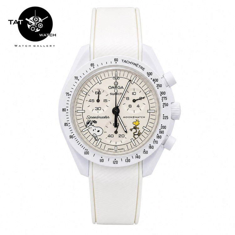 ساعت مردانه زنانه امگا سواچ ماه اسنوپی سفید Moon بند رابر قفل امگایی سه موتوره کرنو با omega swatch ساعت مچی