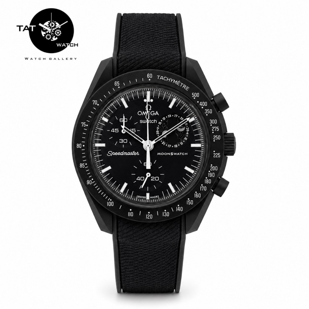 ساعت مردانه زنانه امگا سواچ ماه اسنوپی مشکی Moon بند رابر قفل امگایی 3موتوره کرنو با جعبه omega swatch ساعت مچی