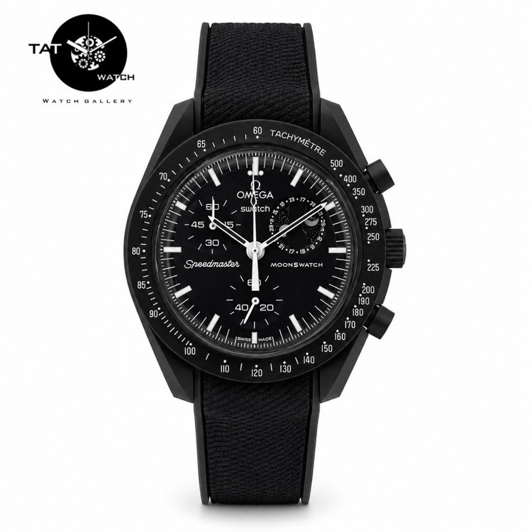ساعت مردانه زنانه امگا سواچ ماه اسنوپی مشکی Moon بند رابر قفل امگایی 3موتوره کرنو با جعبه omega swatch ساعت مچی