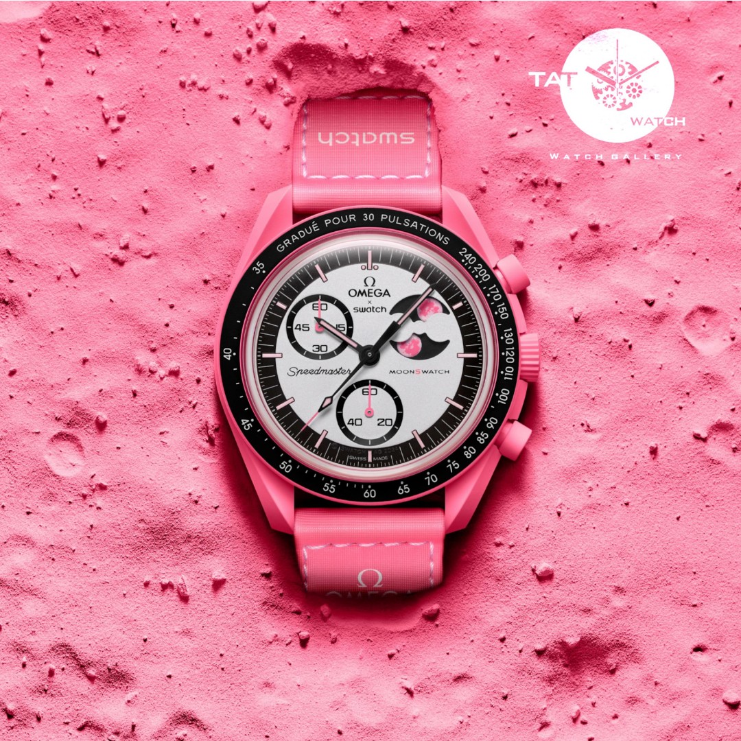ساعت زنانه امگا سواچ ماه صورتی باربی pink moon سه موتوره کرنو جعبه ساعت مچی omega swatch