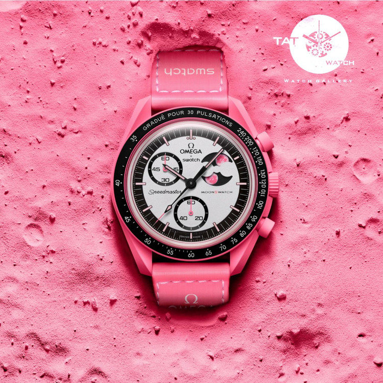 ساعت زنانه امگا سواچ ماه صورتی باربی pink moon سه موتوره کرنو جعبه ساعت مچی omega swatch