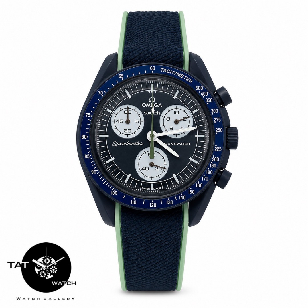 ساعت مردانه زنانه امگا سواچ زمین earth قاب فلزی بند رابر قفل امگایی 3موتوره کرنو جعبه omega swatch