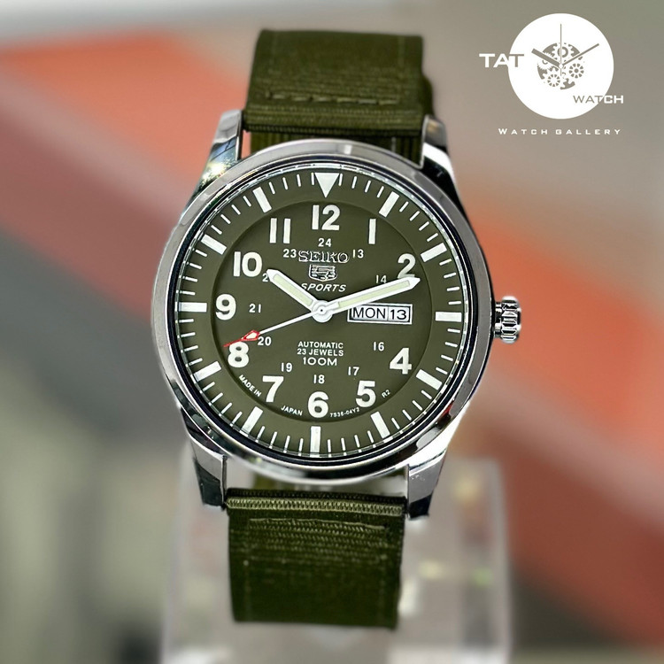 ساعت مردانه سیکو5 خلبانی موتور آرامگرد دو تقویمه با یکساله و جعبه seiko5 ساعت مچی