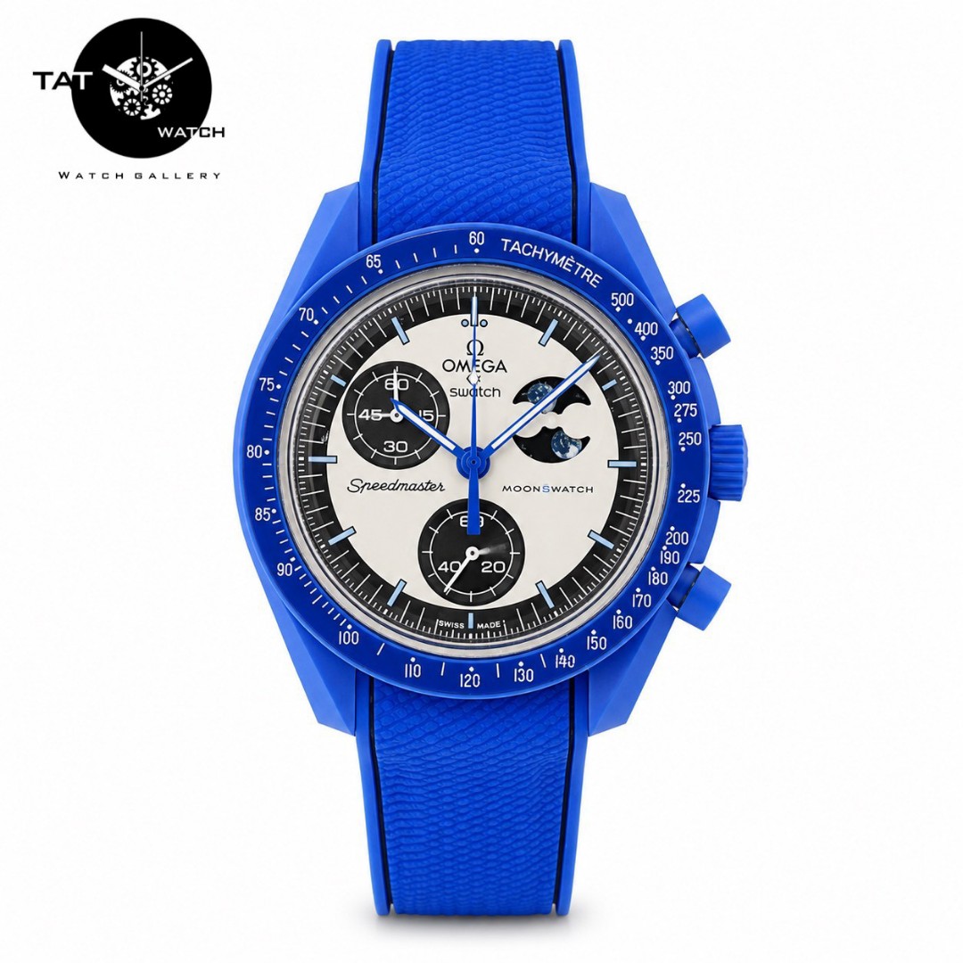 ساعت مردانه زنانه امگا سواچ ماه سوپرآبی moon رابر قفل امگایی 3موتوره کرنو با جعبه ارسال omega swatch ساعت مچی