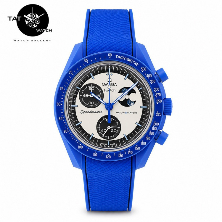 ساعت مردانه زنانه امگا سواچ ماه سوپرآبی moon رابر قفل امگایی 3موتوره کرنو با جعبه ارسال omega swatch ساعت مچی