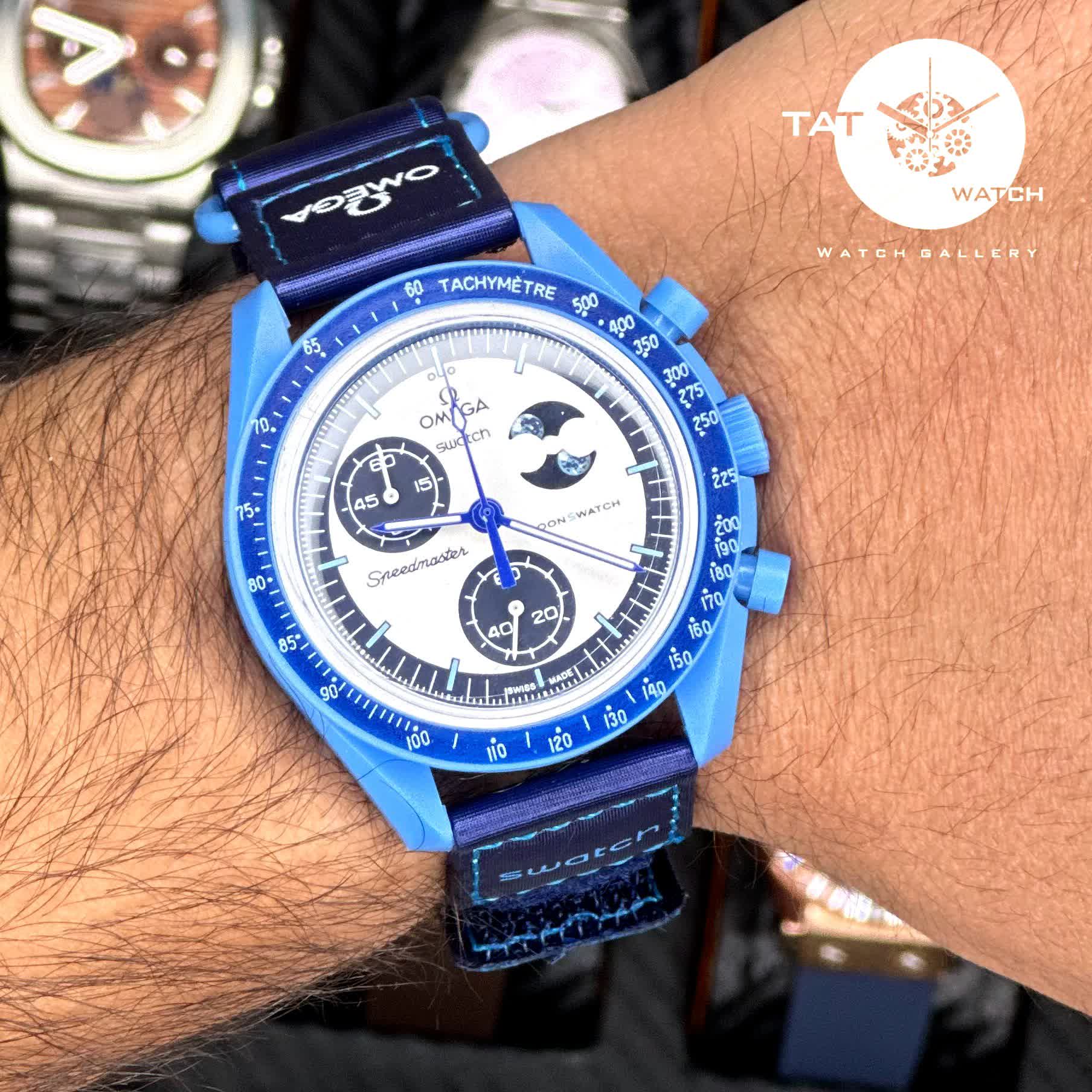 ساعت مردانه زنانه امگا سواچ ماه سوپر بلو Super Blue Moon سه موتوره کرنو با جعبه ارسال omega swatch ساعت مچی