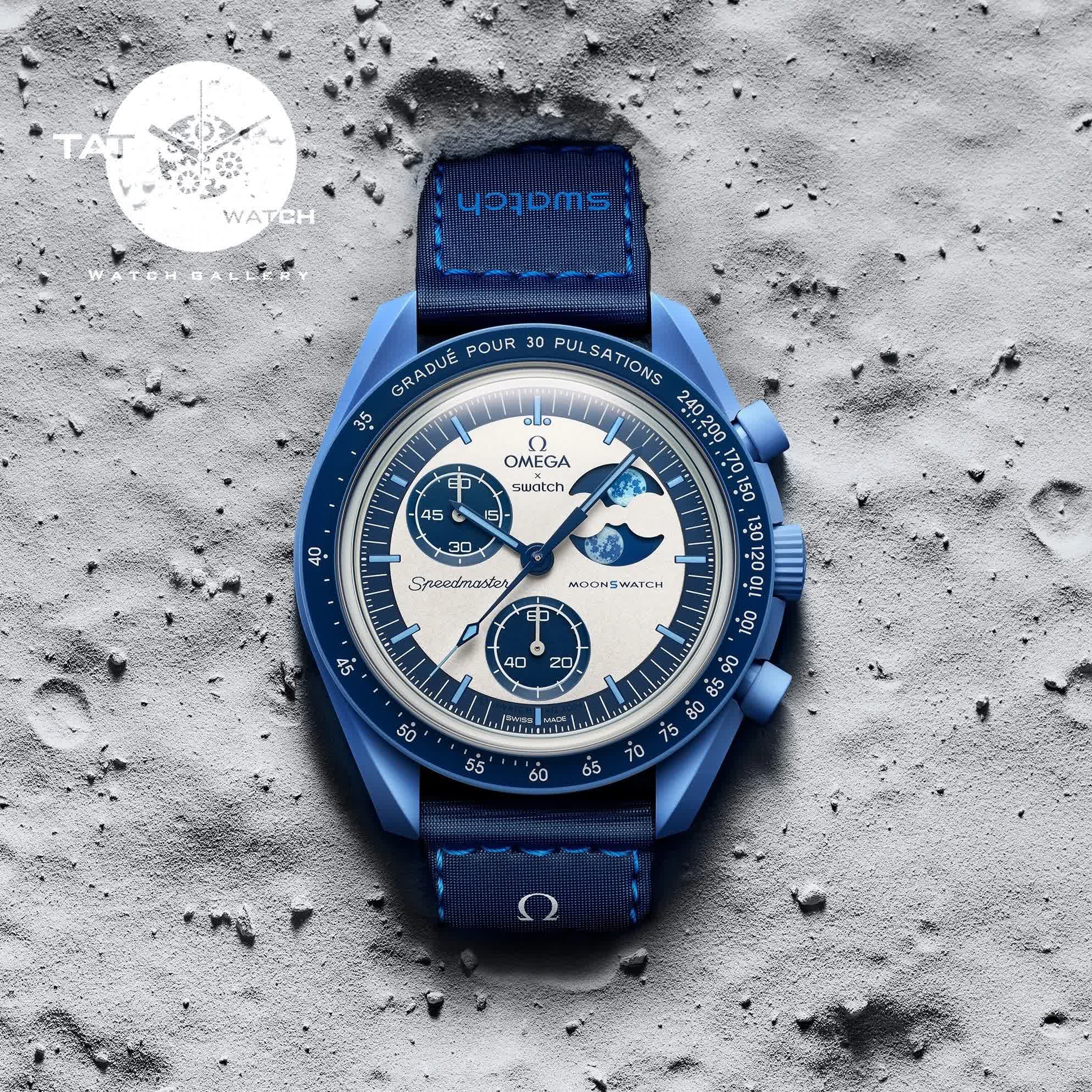 ساعت مردانه زنانه امگا سواچ ماه سوپر بلو Super Blue Moon سه موتوره کرنو با جعبه ارسال omega swatch ساعت مچی
