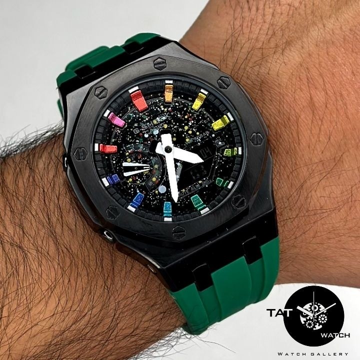 ساعت جیشاک طرح AP قاب فلزی کهکشانی موتور ژاپن مونتاژ تایلند یک سال g-shock