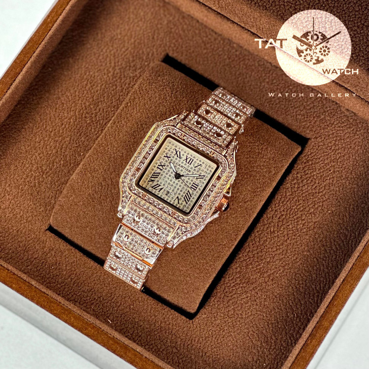ساعت مچی زنانه کارتیر فول نگین رزگلد دارای و جعبه و CARTIER
