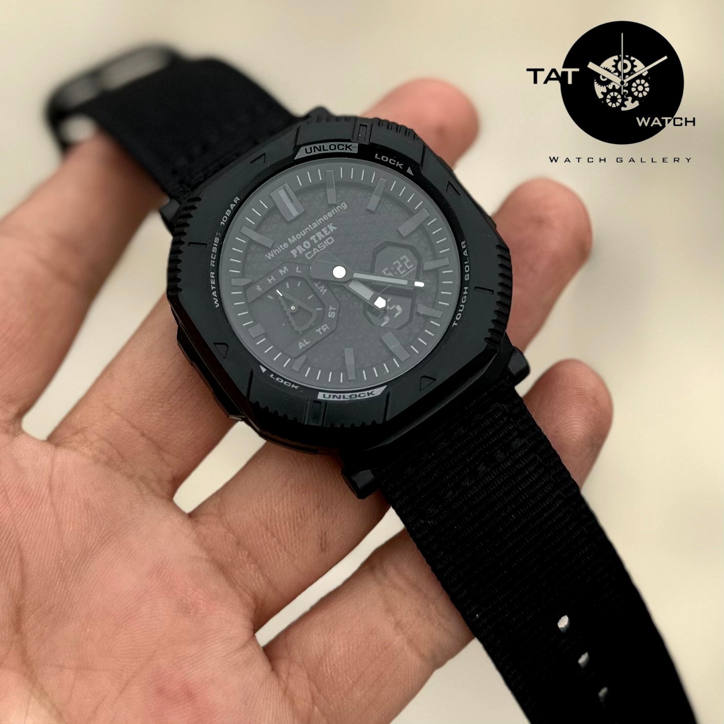 ساعت مردانه کاسیو پروترک PRJB001 بند برزنتی موتور ژاپن 12ماه با جعبه Protrek ساعت مچی casio