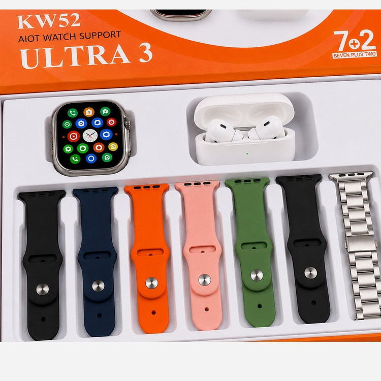 ساعت هوشمند KW52 ULTRA3 با ایرپاد و (7بند با بند فلزی) سوپر امولد ضربان قلب اکسیژن خون(فروش تک به عمده)
