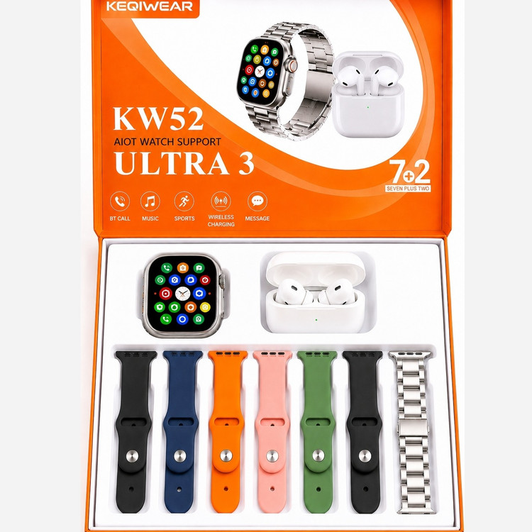 ساعت هوشمند KW52 ULTRA3 با ایرپاد و (7بند با بند فلزی) سوپر امولد ضربان قلب اکسیژن خون(فروش تک به عمده)