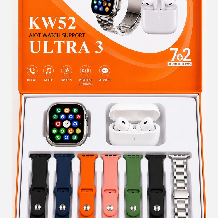 ساعت هوشمند KW52 ULTRA3 با ایرپاد و (7بند با بند فلزی) سوپر امولد ضربان قلب اکسیژن خون(فروش تک به عمده)