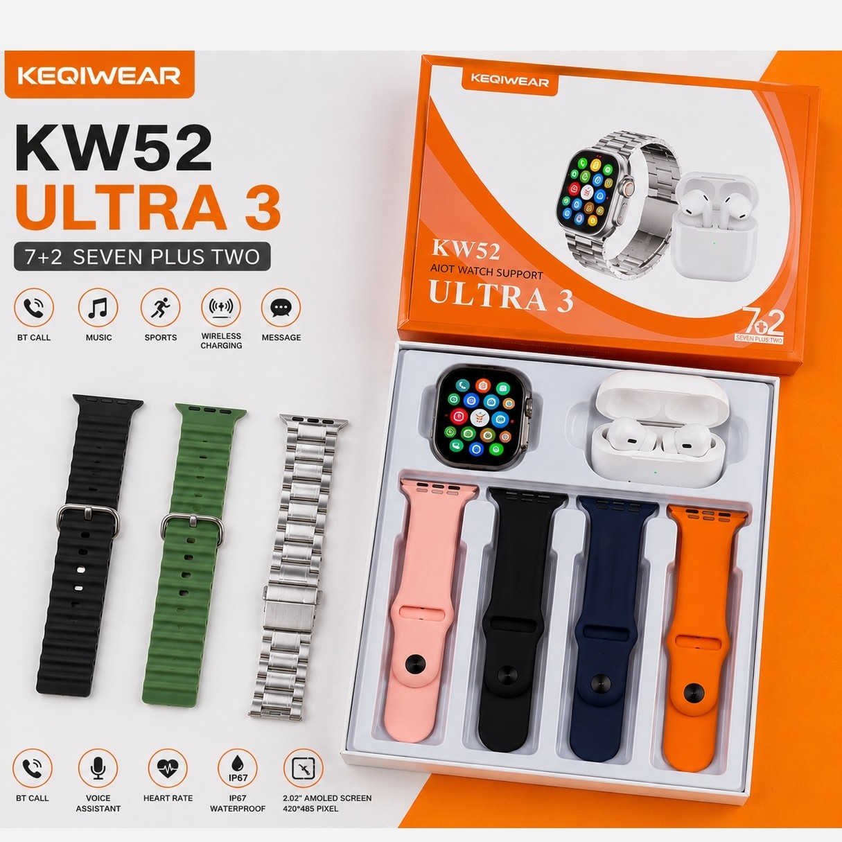 ساعت هوشمند KW52 ULTRA3 با ایرپاد و (7بند با بند فلزی) سوپر امولد ضربان قلب اکسیژن خون(فروش تک به عمده)