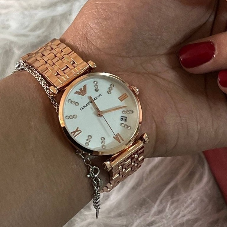 ساعت زنانه امپریو آرمانی رنگ رزگلد صفحه سفید + جعبه هدیه