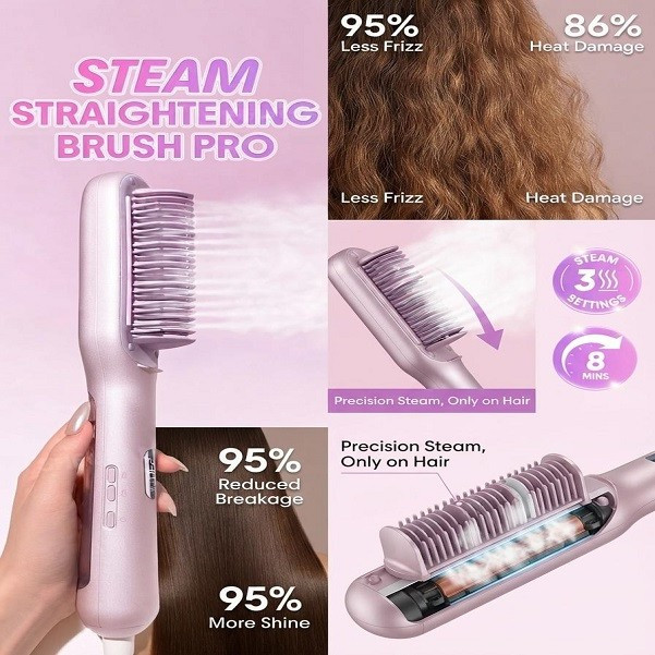 برس حرارتی بخاردار شیگلم مدل Hydra Shot Steam straightening brush Pro وزن 775 گرم با مخزن بخار داخلی و سیستم یون ساز